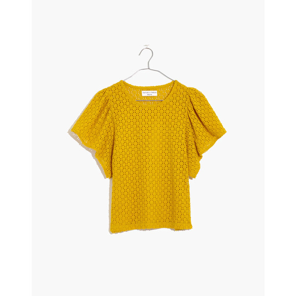 Madewell Texture & Thread Yellow Eyelet Flutter-Sleeve Top Size Medium - Picture 4 of 10